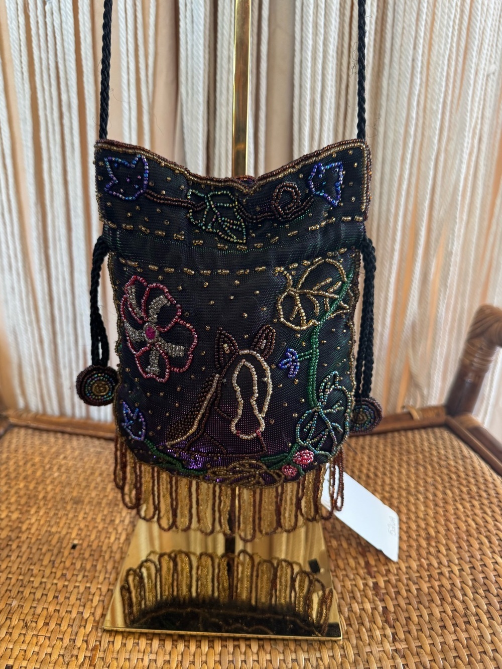 Vintage Hand Beaded Horse Drawstring Pouch Purse Boho Crossbody Fringe Epona - Picture 3 of 13